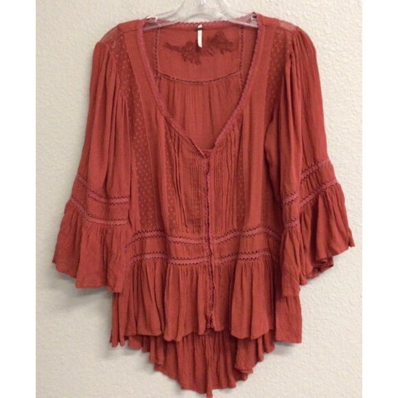 Free People Boho Tunic Top Blouse Size XS Pin Tuck Buttons Burnt Orange - Picture 1 of 10